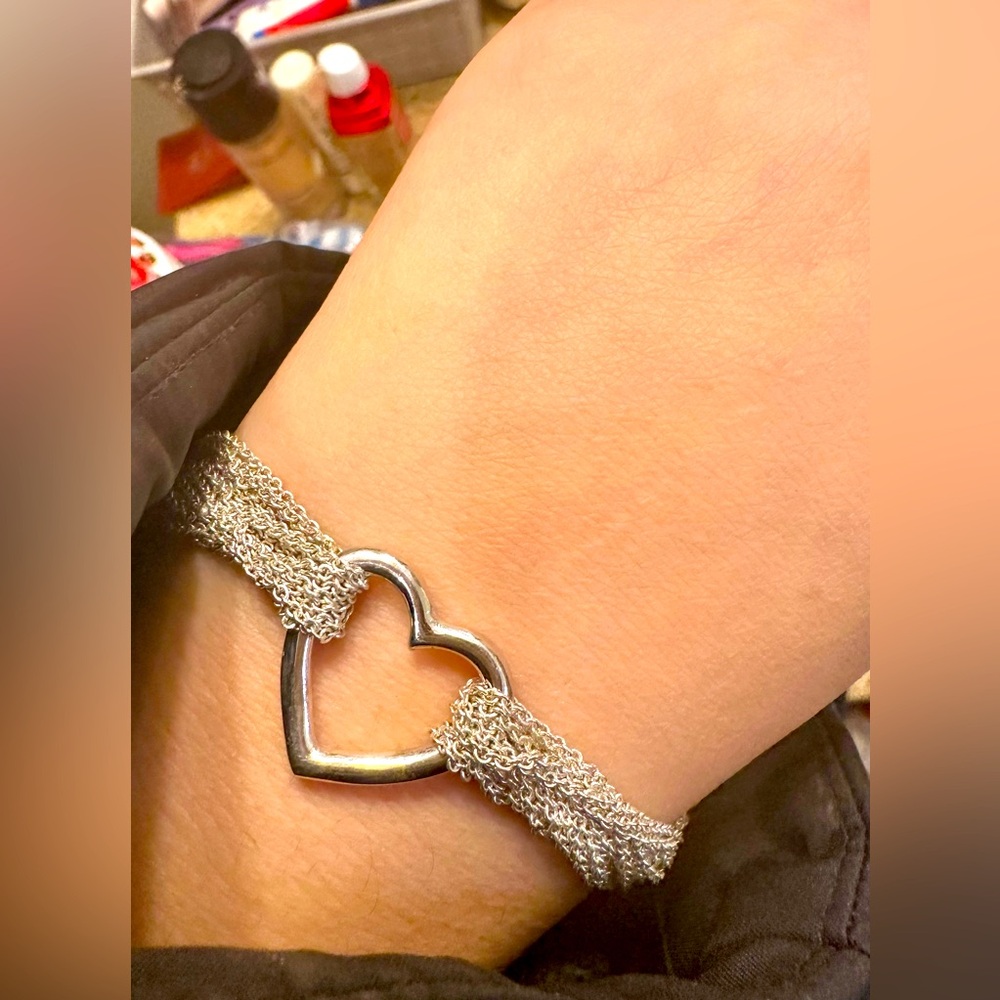 New XL Open Heart Mesh Bracelet Solid 925 Sterling Silver - Picture 5 of 6